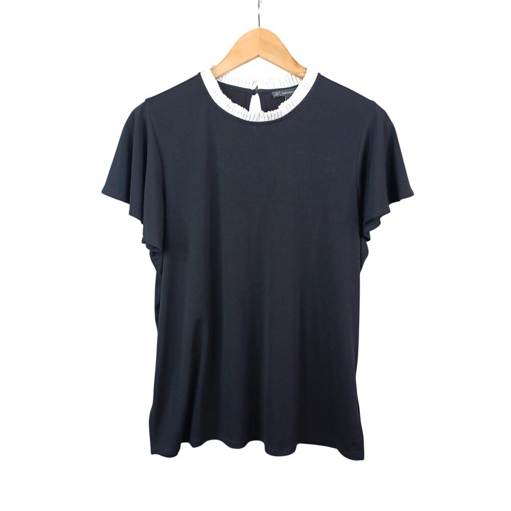 Adrianna Papell Black Flutter Sleeve Blouse Pleated High Neck Size L Classic NWT